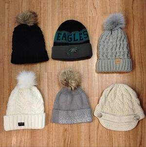 6‑Pack Cozy Winter Hat Bundle – Neutrals, Pom Poms & Eagles – One Size